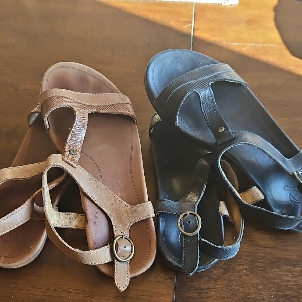 OluKai Women's Dual-Strap Leather Sandals in Brown and Black